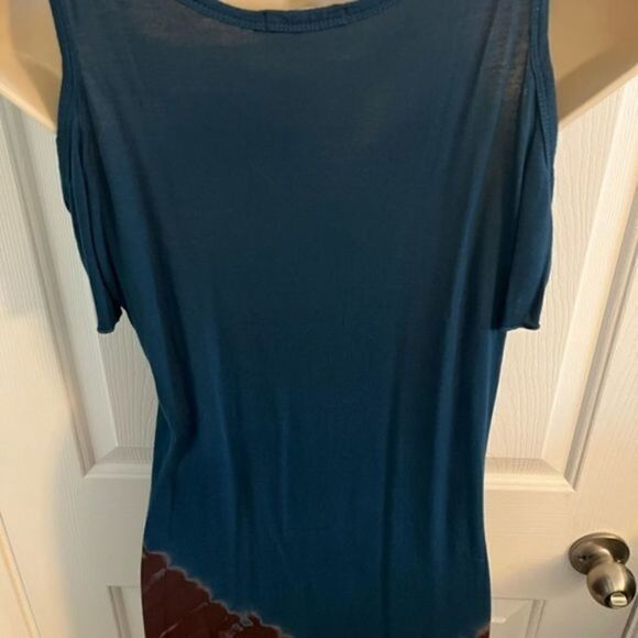 Earthbound small cold shoulder tunic top. Teal and brown. Ganesha graphic. - Picture 2 of 5